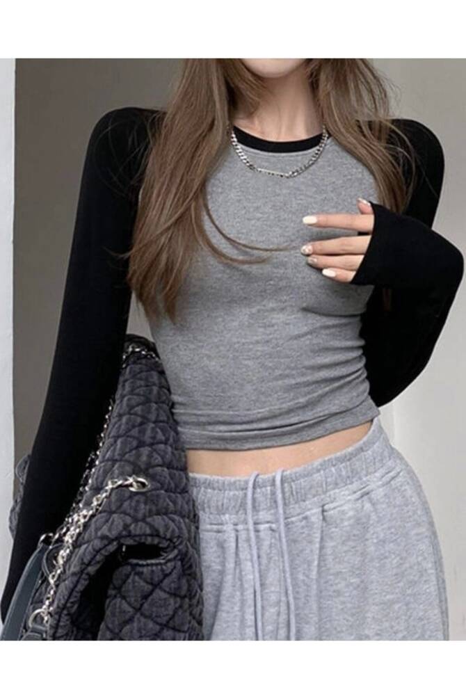 Y2K Harajuku Siyah Raglan Kollu Gri Crop T-Shirt - 1