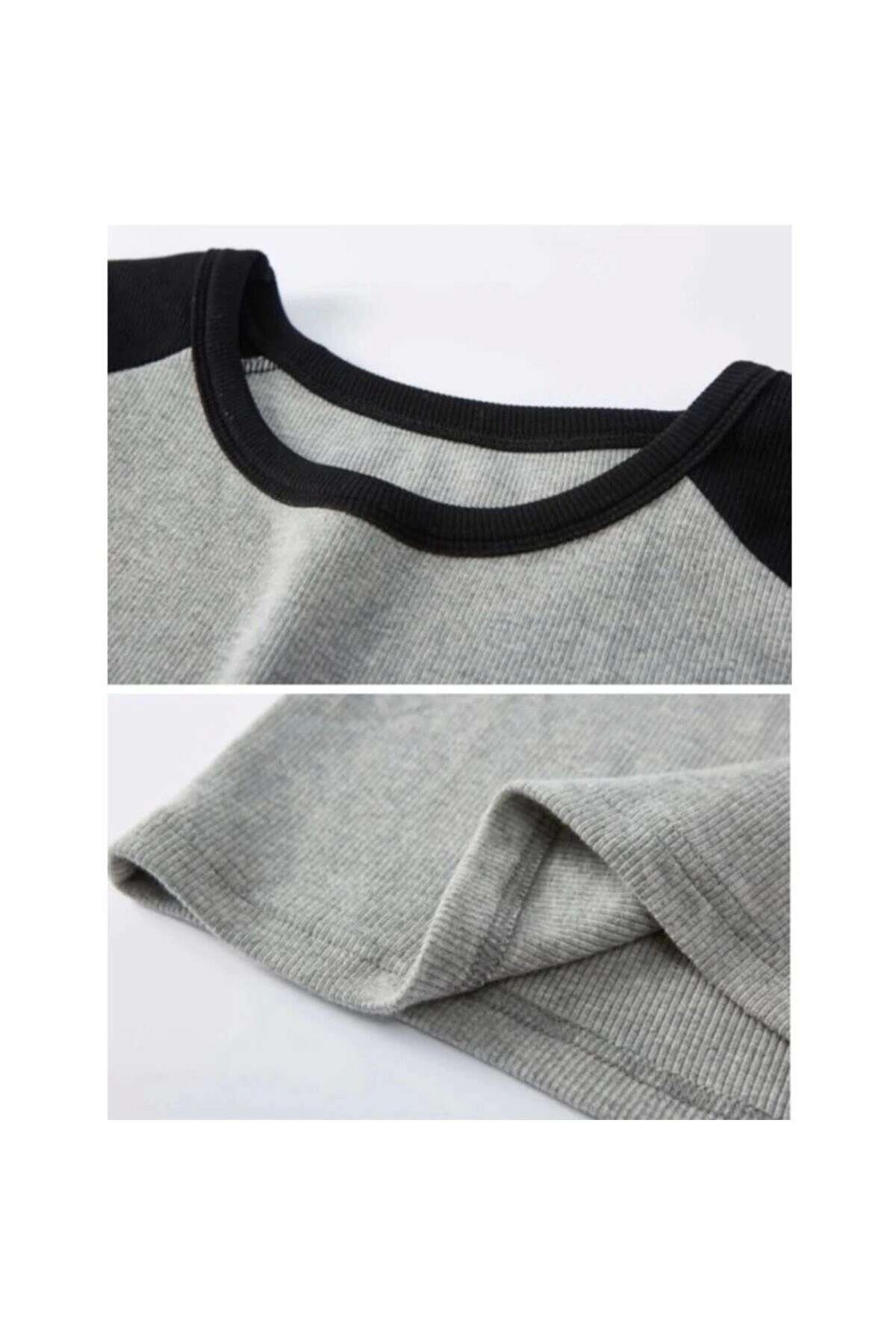 Y2K Harajuku Siyah Raglan Kollu Gri Crop T-Shirt - 3