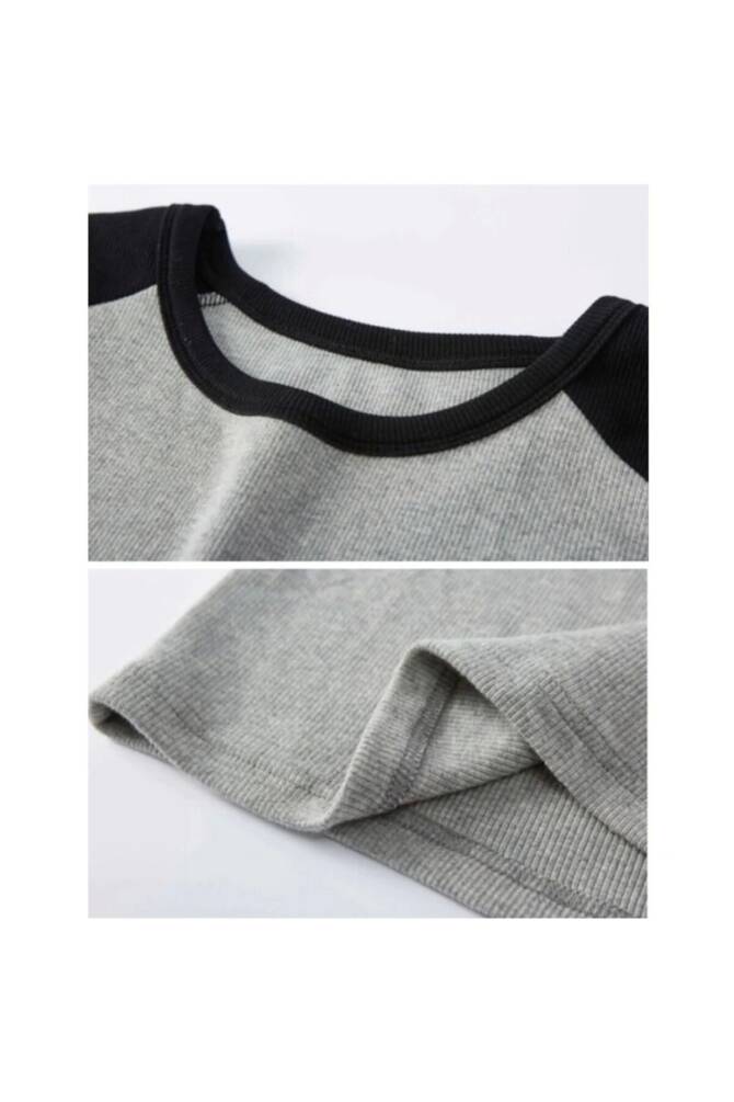 Y2K Harajuku Siyah Raglan Kollu Gri Crop T-Shirt - 3