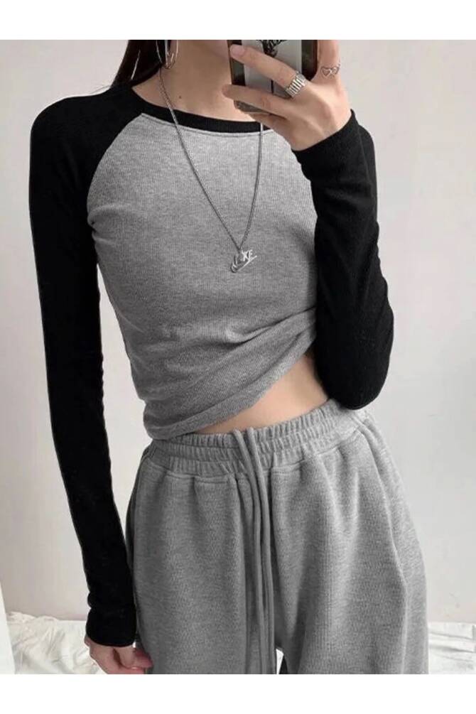 Y2K Harajuku Siyah Raglan Kollu Gri Crop T-Shirt - 4