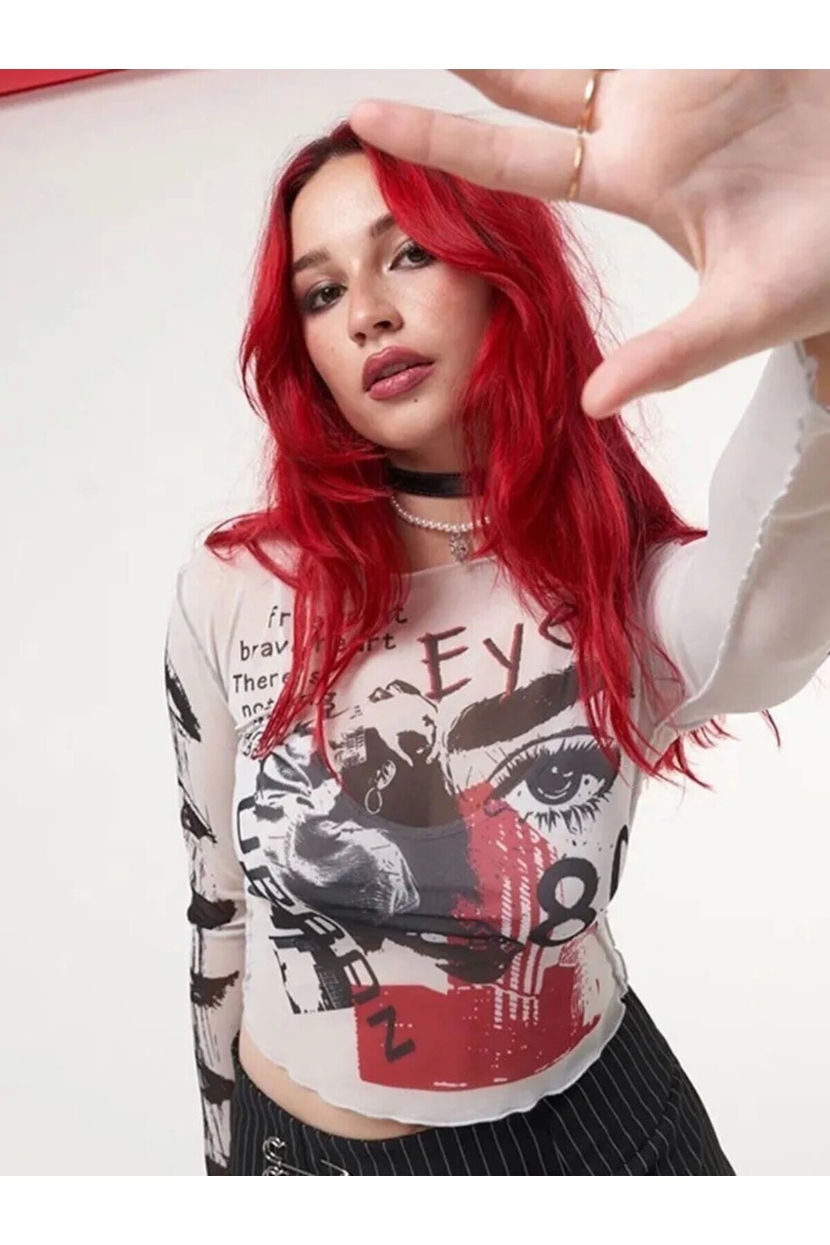 Y2K Harajuku Urban Eyes Gotik Stil Uzun Kollu Tül Bluz - 3