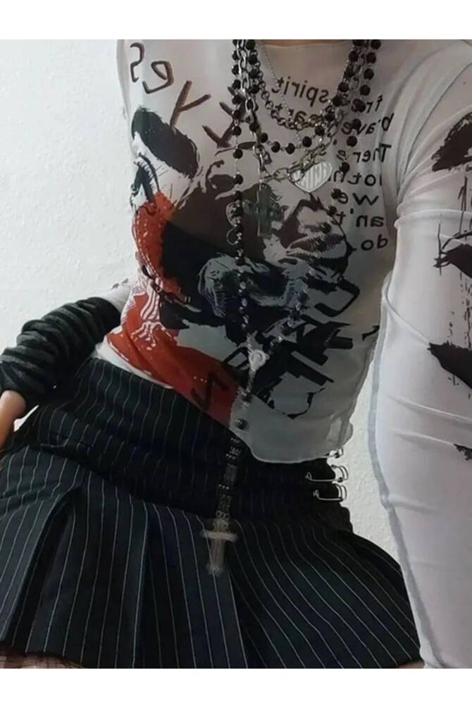 Y2K Harajuku Urban Eyes Gotik Stil Uzun Kollu Tül Bluz - 4