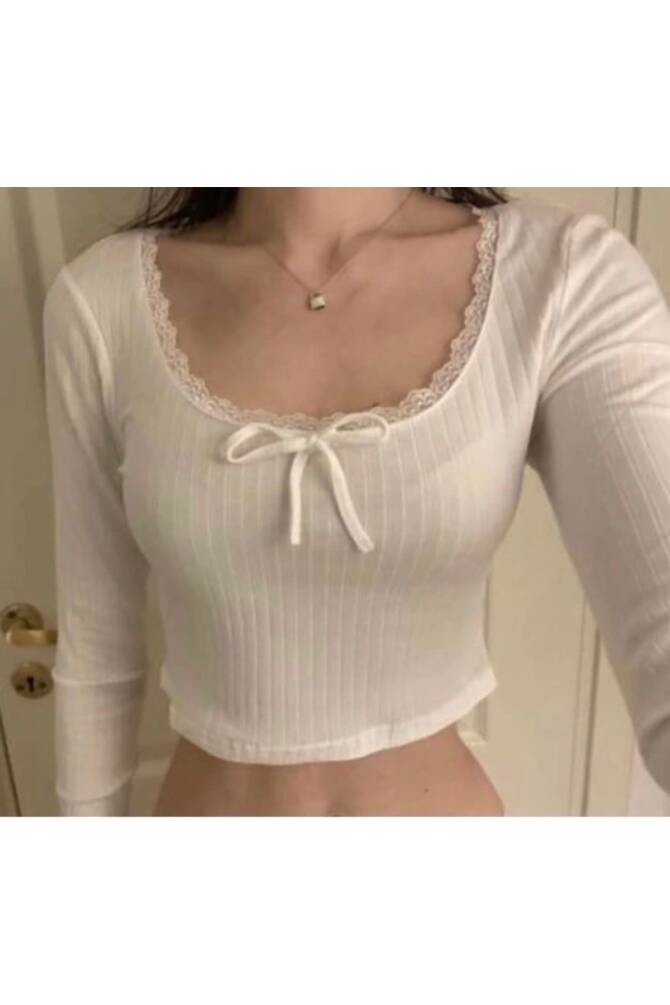 Y2K Lolita Harajuku Ribon Dantel Fiyonk Yaka Uzun Kollu Crop - 18