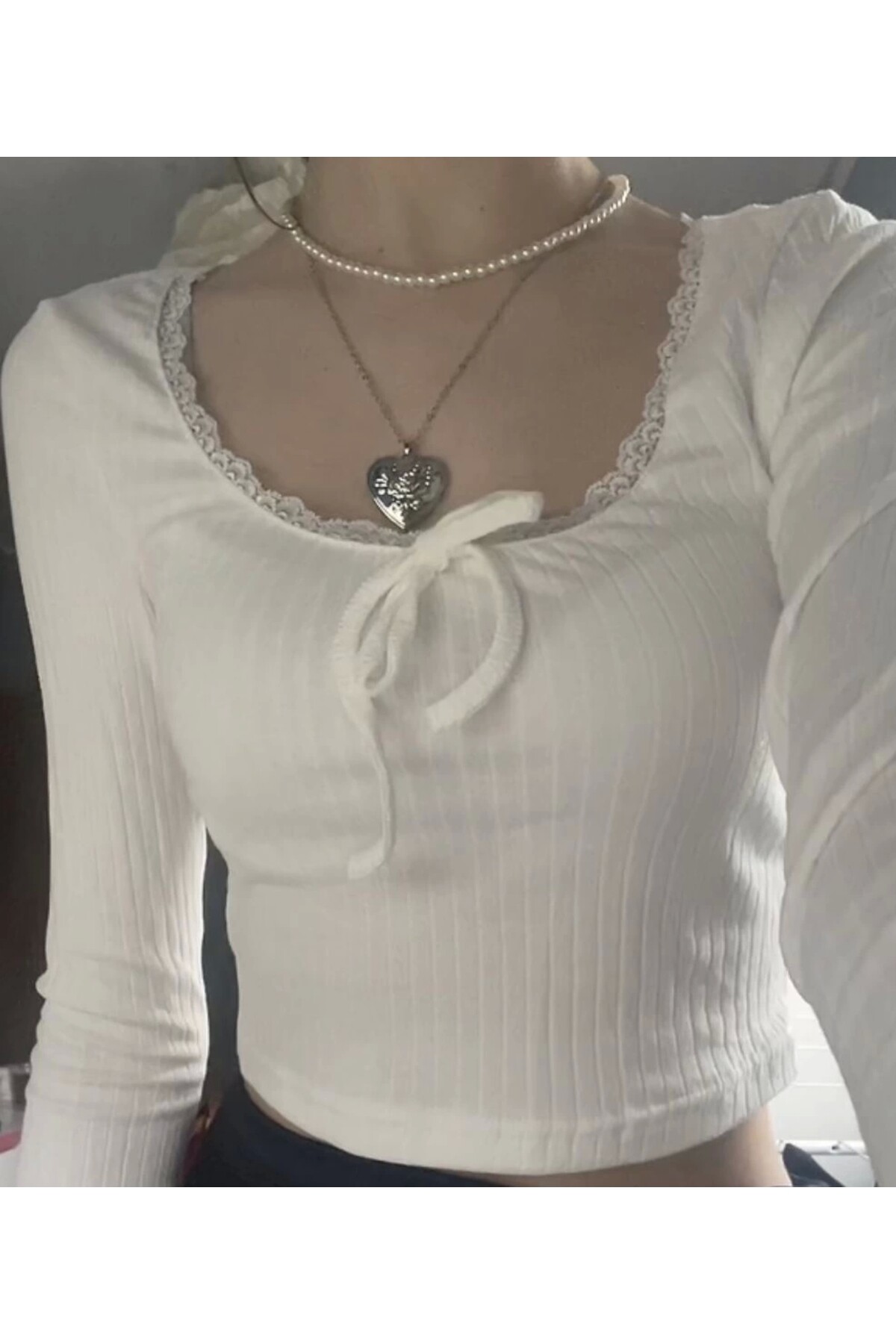 Y2K Lolita Harajuku Ribon Dantel Fiyonk Yaka Uzun Kollu Crop - 13