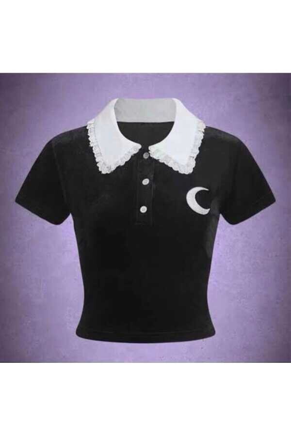 Y2K Lolita Moon Bebe Yaka Crop Kısa Kollu T-Shirt - 1