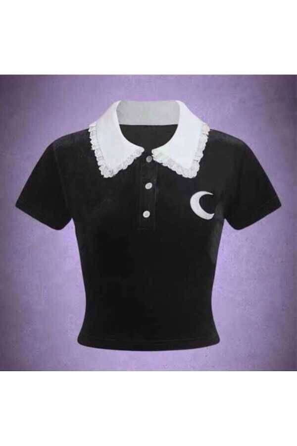 Y2K Lolita Moon Bebe Yaka Crop Kısa Kollu T-Shirt - 1