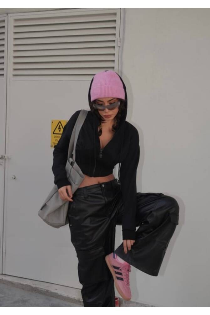 Y2K V Kesim Fermuarlı Crop Kapüşonlu Sweatshirt - 8