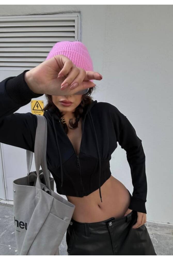 Y2K V Kesim Fermuarlı Crop Kapüşonlu Sweatshirt - 4