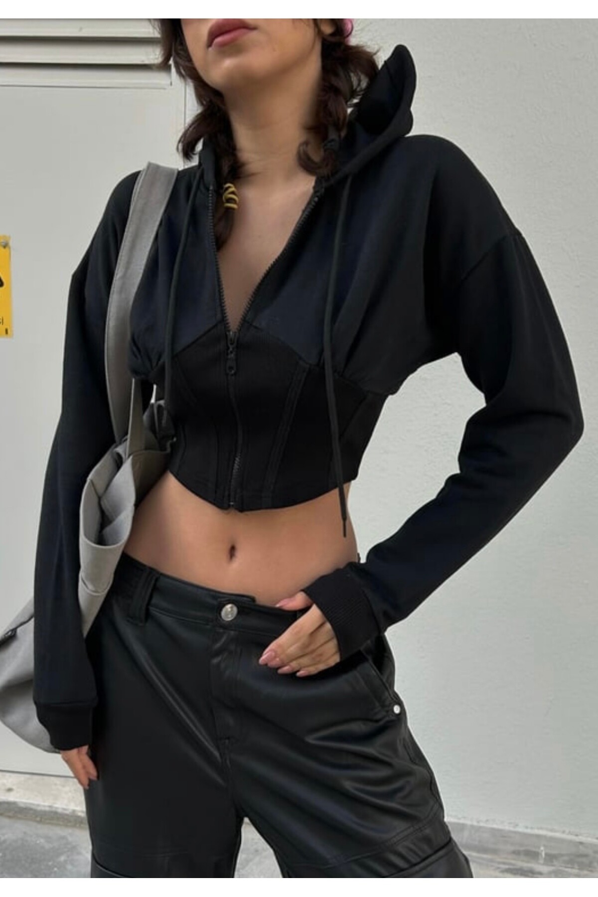 Y2K V Kesim Fermuarlı Crop Kapüşonlu Sweatshirt - 3