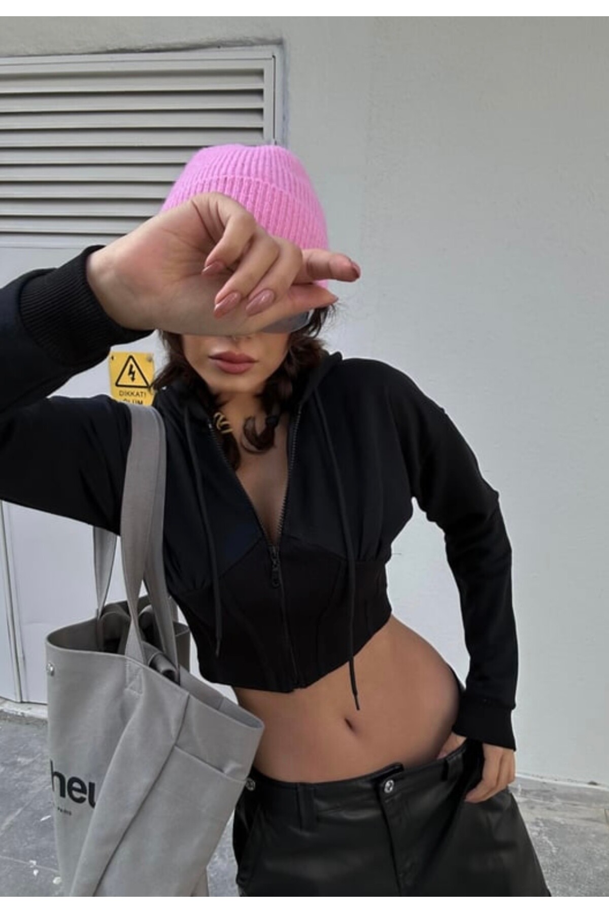 Y2K V Kesim Fermuarlı Crop Kapüşonlu Sweatshirt - 22